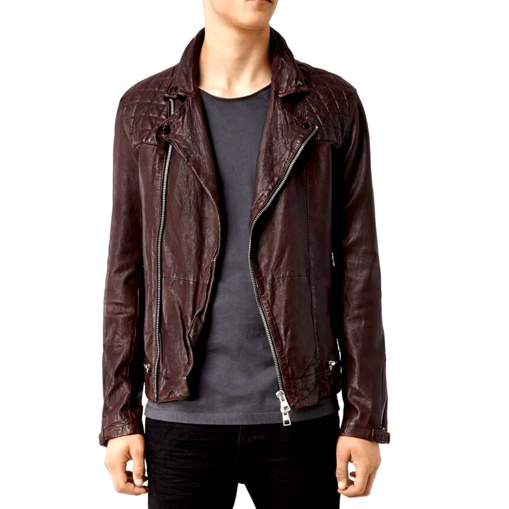 AllSaints Conroy Crinkled Quilted Shoulder Leather Biker Jacket Oxblood Size L